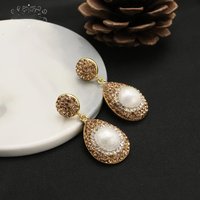 GLSEEVO Gold Plated Natural Freshwater Baroque Pearls Stud Earrings Rhinestone Paved Drops Earrings Women Fashion Jewelry