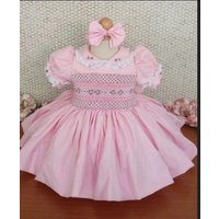0-12Y Baby Girl Summer Pink Flower Handmade Embroidery Smocked Dress for Eid Birthday Party Holiday Photography Casual A150