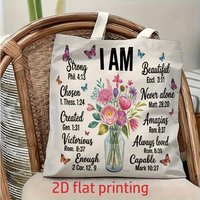 1 Piece Christian Faith and Self-Affirmation Themed Floral Canvas Shoulder Bag, Lightweight Foldable Storage Tote Bag, Reusable Shopping Bag with Fixed Shoulder Strap, Perfect Gift for Commuting,