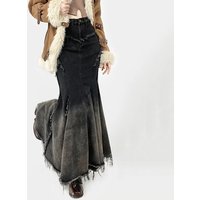 REDDACHiC Denim Stitch Raw Edge Mermaid Skirt Women Black Gradient Wash High Waist Slim Maxi Long Jeans Skirt Vintage Clothes
