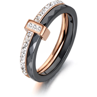 ZooMango 2 Layers Black/White Ceramic Crystal Wedding Rings For Women Girls Rose Gold Color Stainless Steel Engagement ZR18054