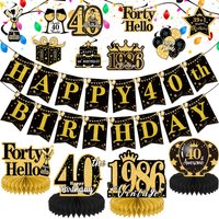 15Pcs 40th Birthday Decorations with Banner Honeycomb Centerpieces, Hanging Swirls, Black Gold 40th Party Decorations