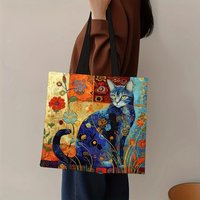 1pc Abstract Cat Tote Bag Cute Quirky Small Animal Shoulder Bag Printed Linen Eco Handbag Shopping Office Reusable Casual Bags