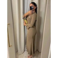 Elegant Solid Knitted Long Dresses For Women Fashion V-neck Long Sleeve Single-breasted Dress Female New Office Lady Street Robe