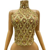 Sparkly Gold Rhinestone Mesh Tops Women Sexy See Through Evening Party Birthday Wear Nightclub Stage Performance Costume