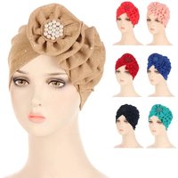 Flower Women Indian Muslim Chemo Hair Loss Cap Hijab Pearl Beads Turban Headwear Wrap Scarf Arab Islamic Bonnet Cover Cancer Hat