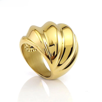 Trendy Stainless Steel Domed Ring Carved Wave Lines Wide Punk Finger Rings for Women Female Europe Jewelry