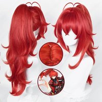 Anime Red Dead of Night Diluc Cosplay Wig 65cm Long Ponytail Wigs Heat Resistant Synthetic Hair