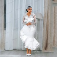 Civil Mermaid Wedding Dresses Bridal Crystal Beaded Applique Long Sleeve Ruffles Tea-length Arabic Bridal Gown Outfit Customized