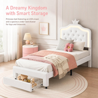 3ft Single Bed Frame with LED light,Crown-shaped Upholstered Single Bed with Drawer,White Princess Bed with Height Adjustable Headboard,Children's Bed,Youth Bed,Girls Bed with Solid Wood Slats,PU(No