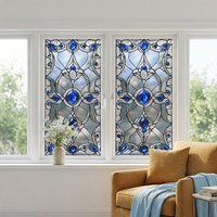 1 Roll Blue Stained Glass Window Privacy Film Printed Cathedral Pattern Static Cling Frosted 17.7x39.4" - for Living Room