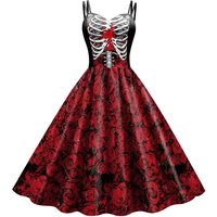 Halloween Costume Skeleton Rose Print Women Girl Female Goth Horror Rockabilly Carnival Fancy Dress Up Party Performance