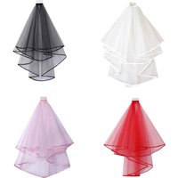 Double Layer Mesh Tulle Solid Color Women Short Wedding Veil with Comb Ribbon Edge Center Cascade Bride Party Headpiece