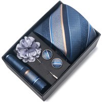 Top Grade Fashion 8 cm Wide Tie Sets Blue Stripe Men's Gravata Handkerchief Cufflink Box Fit Group Workplace Wedding Tie