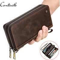 Contact'S Genuine Leather Men's Wallet Clutch Bag Card Holder Long Wallets Double Zipper Large Capacity Vintage Male Purses