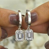 Bezel Set Moissanite Drop Earring for Women 1CT/2CT Emerald Cut Diamond 925 Silver Latch Back Style Huggie Hoop Wedding Earrings