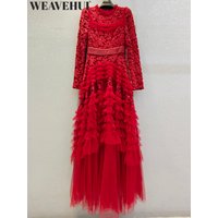 WEAVEHUI Women Vintage Maxi Dresses O-Neck Long Sleeves Hollow Out Crochet Flower Flounced edge Spring Summer New model