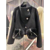 2024 New Fashion Winter Cashmere Wool Woolen Coat Real Fur Jacket Women Natural Fox Fur Pocket Ladies Outerwear Female Coat