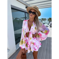 Chiffon Short Sets Women Sexy Deep V-neck Lantern Sleeve Leace-up Cropped Top And Shorts Two Piece Set Fashion Casual Beachwear