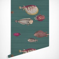 Acquario Wallpaper Peel and Stick Nordic Wallpaper Dark Green Back Sea Fishes In Scandinavian Style,Animal Wall Mural Home Decor
