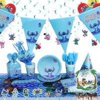 Disney Cartoon Blue Stitch Baby Festival Disposable Tableware Banner Balloon Paper Cup Party Decorations Set