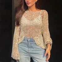 ZAROY Women Sequins Knit Hollow Out Pullovers Casual Loose Long Sleeve O Neck Shinny Crochet Cover-up Blouses Shinny Party Shirt