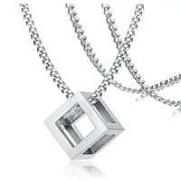 3D Square Pendant Necklaces for Men Boys,Hollow Geometry Stainless Steel Pendant Collars,Trendy Male Jewelry Gifts