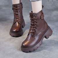 New Soft Soled Women's Boots Zippered Round Toe Flat Bottom Handmade Simple Casual Sewing Thick Soled Heightening Leather Boots