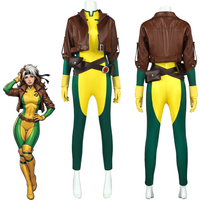 X-Men Rogue Cosplay Costume Adult Women Superhero Bodysuit Yellow Jumpsuit Brown Jacket Halloween Carnival Comic Con Outfit