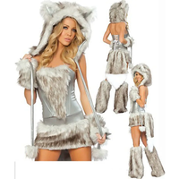 Sexy Plush Costume Set Women Big Tail Wolf Leopard Cosplay Winter Hat Tube Top Leg Warmer Party Dress for Halloween Christmas
