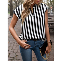 2024 Summer New Black and White Striped Printed Bat Sleeve Top Loose Casual V-Neck Shirt