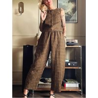 Fashion Women's Pants Set Vintage Plaid Suit 2025 Summer Sleeveless Vest Pants Sets Home Wear Female Casual Print Two Piece Set