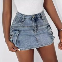 Denim Skirt Women Short Jeans Y2k Cargo Skirt Hip Wrap Elegant Splice Skirts Casual Pocket Button Streetwear Sexy Summer 2024