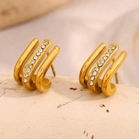 E.B.belle Rhinestone Three layer Mini J-shaped Curved Hook Earrings 18K Gold Plated 316L Stainless Steel Jewelry For Women