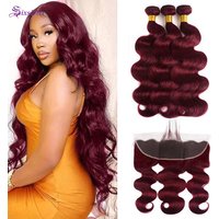 Burgundy 3 Bundles with 13x4 Lace Frontal Body Wave #99J Wine Red Brazilian Human Hair Pre Plucked Body Wave Highlight 4 Bundles