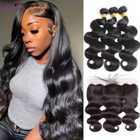 Body Wave Bundle with Frontal 100% Human Hair Natural Black 3/4 Bundles with 13x4 Lace Frontal Virgin Human Hair Weave Extension