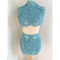 Light Blue Chains Cape Fabric, Beading Body Jewelry , Bead Fringe Bodice Appliqué For Couture, Dress, Dance Costume, Prom Dress