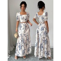 Floral Print Women 2Pcs Outfit, Summer Sexy Crop Top & Elegant Maxi Dress, Ladies Casual Matching Set for Dating Daily Street