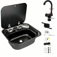 Black&Grey Camper RV Hand Wash Basin Sink Heat&Cold Regulation Tap Folded Faucet Tempered Glass Lid with Bottom Sound-absorbing