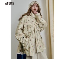 ELFSACK Lace Floral Jacket for Women, Fitted Trench Style Jacket with Bow Tie Pocket, Romantic Cottagecore Elegant Coat