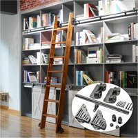 13FT(400cm) Sliding Library Hardware Kit No Ladder,Black Rustic Round Tube Rolling Ladder Track,Floor Roller with Brake,Indoor