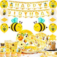 69PCs Bee Party Decorations, Hombae Bee Day Themed Birthday Party Decorations-Backdrop Balloon Banner Tablecloth Cake etc