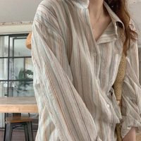 2025 Summer New Korean Retro Stripe Women's Shirt Casual Comfortable Versatile Turn-down Collar Long Sleeve Blouse Tops 781