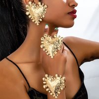 Retro Big Love Stud Earrings Open Wide Face Metal Bracelet Ring Exquisite Jewelry Set For Women Girls Holiday Party Gift S248
