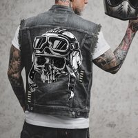 AliExpress NONE Men's Spring/Summer New Outdoor Cycling Motorcycle Punk Print Pattern Hollow Out Raw Edge Sleeveless Tank Top Denim Jacket