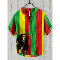 European size fashion plus comfortable short sleeved men's new V-neck travel printed linen breathable men's shirt