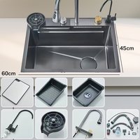 Zlewozmywak kuchenny ze stali nierdzewnej 304, typu waterfall, 60x45, duży, jednokomorowy, zintegrowany zestaw baterii z cyfrowym wyświetlaczem, dozow