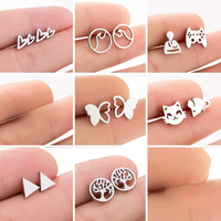 New Earrings 2024 Fashion Stainless Steel Wave Round Triangle Tree Mouse Earrings Small Heart Studs pendientes de pajaros
