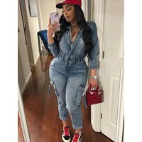 Mlaiscsr Denim Stretch Jumpsuits Women Winter Zipper Long Sleeve Elastic Waist Pocket Cargo Jeans Rompers One Pieces Overalls