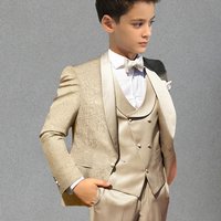 Boys Champagne Jacquard Coat Dress Set (Coat + Vest + Pants) Children Wedding Party Birthday Gift Elegant Gentleman Tuxedo